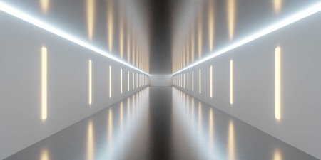Futuristic Minimalist Corridor with Bright Lighting 3d render wallpaper backgroundの写真素材