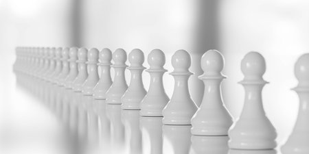 Row of White Chess Pawns on Reflective Surfaceの写真素材