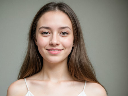 Smiling Young Woman Portrait on Gray Backgroundの素材