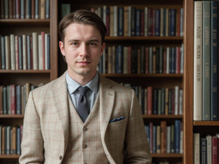 Sophisticated Young Man in Beige Suit in Libraryの素材