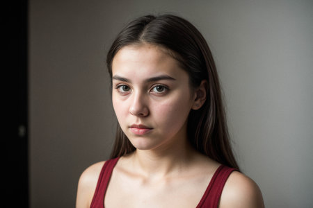 Serious Young Woman Portrait in Red Tank Topの素材