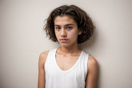Contemplative Young Boy in White Tank Topの素材