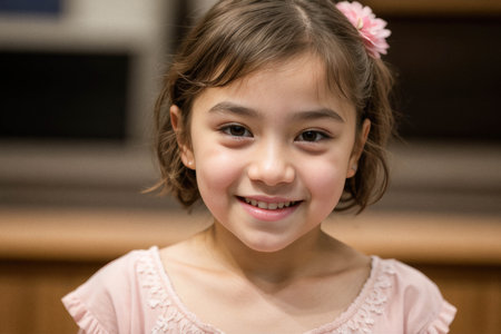 Cheerful Young Girl Smiling in Pink Dressの素材