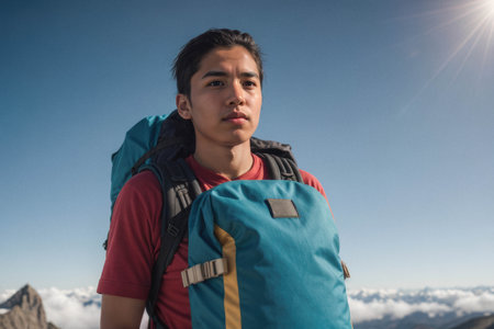 Young Hiker on Mountain Summitの素材