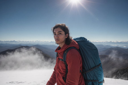 Young Man Hiking on a Snowy Mountain Peakの素材