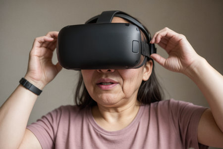 Woman Adjusting Virtual Reality Headsetの素材