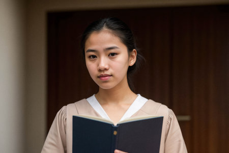 Young Woman Holding a Book in Formal Settingの素材