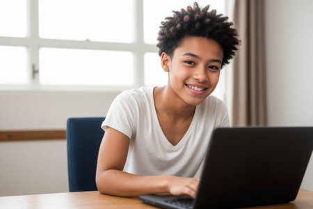 Cheerful Boy Engaged with Laptop in Bright Workspaceの素材