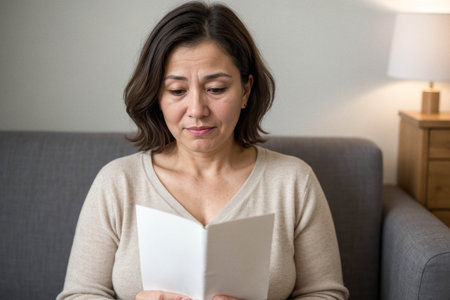 Woman Reading a Card on a Sofaの素材
