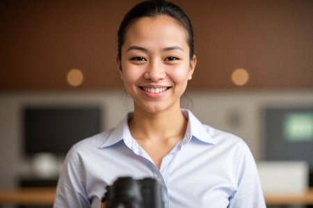 Smiling Woman Holding a Camera in a Professional Settingの素材
