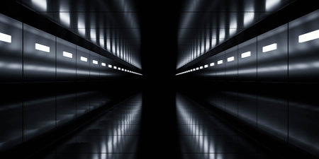 Futuristic dark corridor with reflective lights