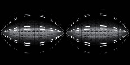 Futuristic symmetrical corridor with bright lights 360 vr panoramaの写真素材