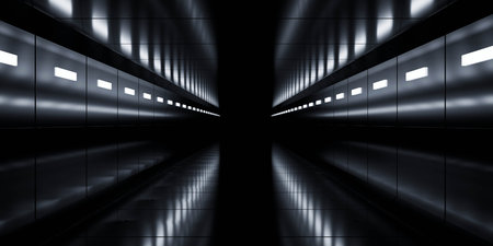 Futuristic corridor with reflective surfaces and lights