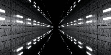 Futuristic corridor with bright lights and reflections