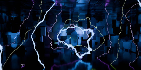 Neon lightning over cubic cityscape