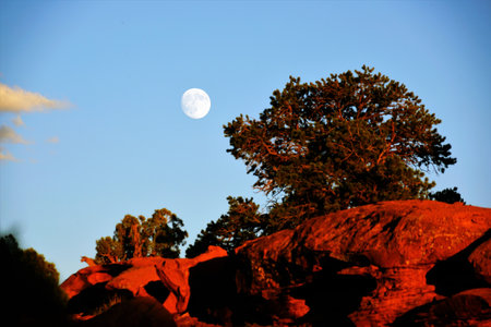 Moon over the Red Rock Canyon in Moab, Utah, USAの写真素材