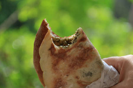 A mankousheh, traditional Lebanese breakfast.の写真素材