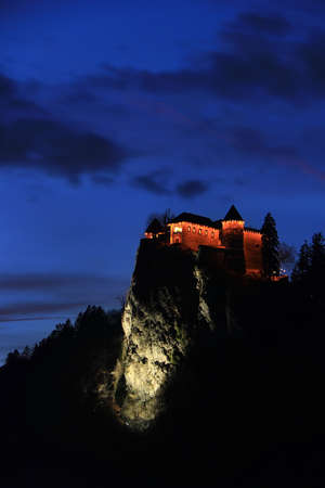 The medieval castle of Bled perched on a cliff above the lake during the night, Slovenia.の写真素材