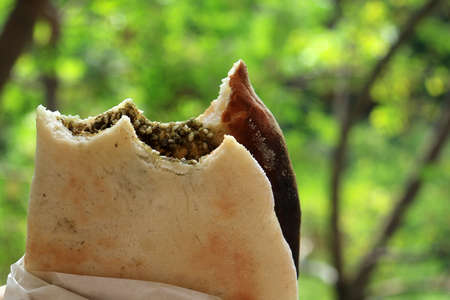 A mankousheh against a green background. It's a traditional Lebanese food made with thyme and sumac. の写真素材