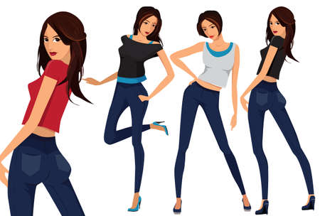 Fashionable young girls. Cartoon illustration of young women. Vector set of three beautiful females in different clothesのイラスト素材