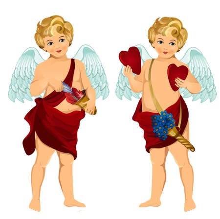 Vintage cupid illustration with flowers, hearts and arrowsのイラスト素材