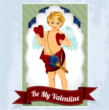 Vintage cupid illustration with flowers, hearts and arrowsのイラスト素材