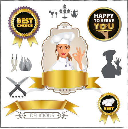 smiling female chef showing ok sign. Badge, vintage, frameのイラスト素材