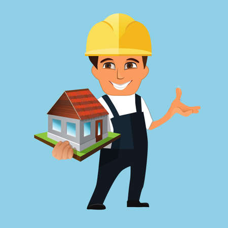 orker, builder holding a model of house. Isolated on white background.のイラスト素材