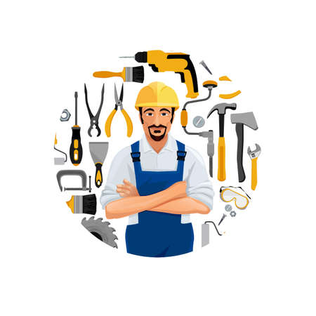 Man standing folded hands .Worker with construction tools.のイラスト素材