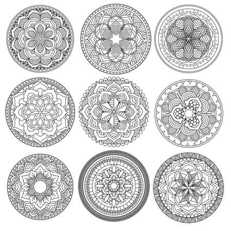 Mandala.Floral mandalas set.Coloring book. Outline Mandala . Pattern Weave design elementのイラスト素材