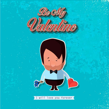Retro Valentines Day card as funny Man with Heart and Flowersのイラスト素材