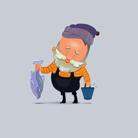 illustration of a cute cartoon fisherman with fish and bucketのイラスト素材