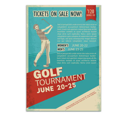 Retro golf poster or flyer with a golf player. Text and background on a separate layer, color can be changed in one click.のイラスト素材