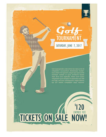 Retro golf poster or flyer with a golf player. Text and background on a separate layer, color can be changed in one click.のイラスト素材