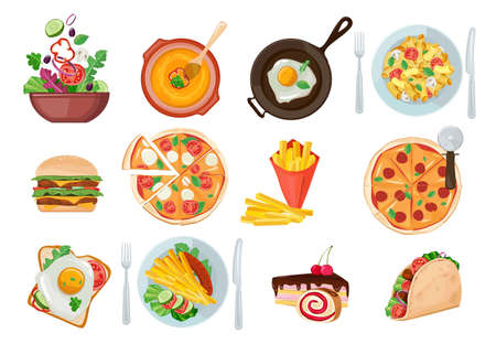 Fastfood , Pasta, Cake, Pizza, Breakfast illustrations collection. Traditional food. Icons for menu,...