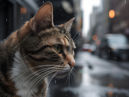 Cat on the street in rainy day, close-up view.の素材