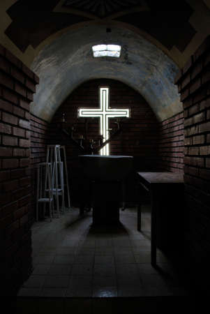 Light cross in baptistery chapelの写真素材