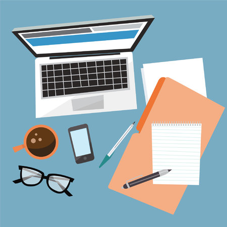 Flat Office Desk Top Viewのイラスト素材