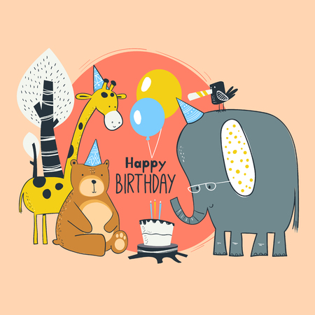 Birthday greeting cards with cute animals. Funny Jungle partyのイラスト素材