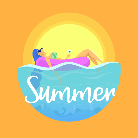 Summer Vacation. Enjoying suntan Woman in bikini on the inflatable in the sea.のイラスト素材