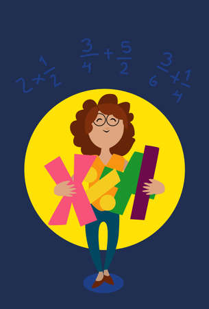 Teacher or girl holding a mathematical symbols in her arms