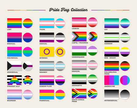 LGBTQ+ sexual identity pride flags collection. Flag of gay, transgender, bisexual, lesbian etc. Pride conceptのイラスト素材