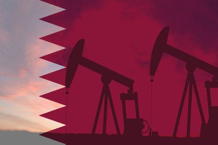 Qatar oil industry concept, industrial illustration. Qatar flag and oil wells, stock market, exchange economy and trade, oil productionの写真素材