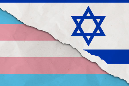 Israel and trans flag ripped paper grunge background. Concept of conflict and trans rights. Israel vs trans community metaphor. Tension and crisis for civil right and gay pride, freedom and love conceptの写真素材