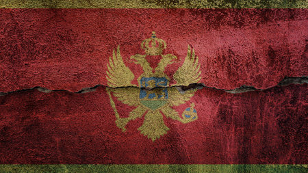 Montenegro flag on cracked wall. Earthquake or drought conceptの写真素材