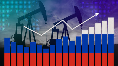 Russia oil industry concept. Economic crisis, increased prices, fuel default. Oil wells, stock market, exchange economy and trade, oil productionの写真素材