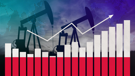 Poland oil industry concept. Economic crisis, increased prices, fuel default. Oil wells, stock market, exchange economy and trade, oil productionの写真素材