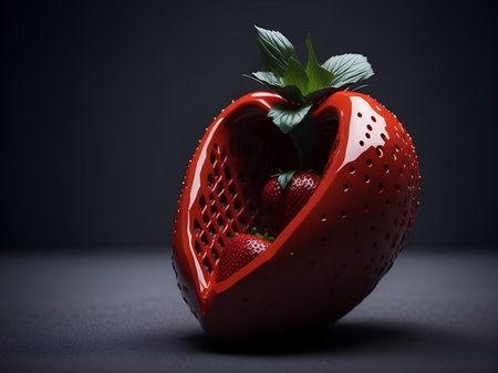3d seat, chair in the shape of a strawberry on a flat dark floor, created with Generative AI technologyの素材