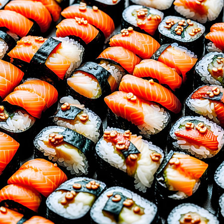 Close up food photography of a sushi, created with Generative AI technologyの素材
