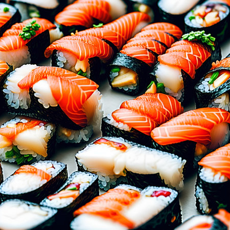 Close up food photography of a sushi, created with Generative AI technologyの素材